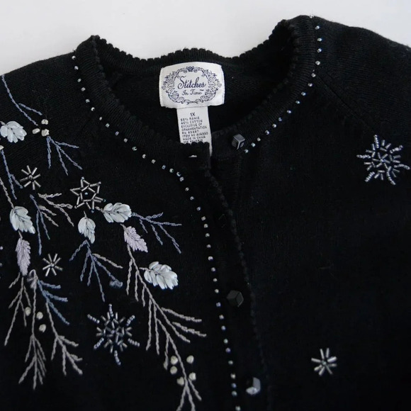 Vintage Stitches In Time Black Winter  Floral Button Up Cardigan Sweater 1X - Picture 8 of 9